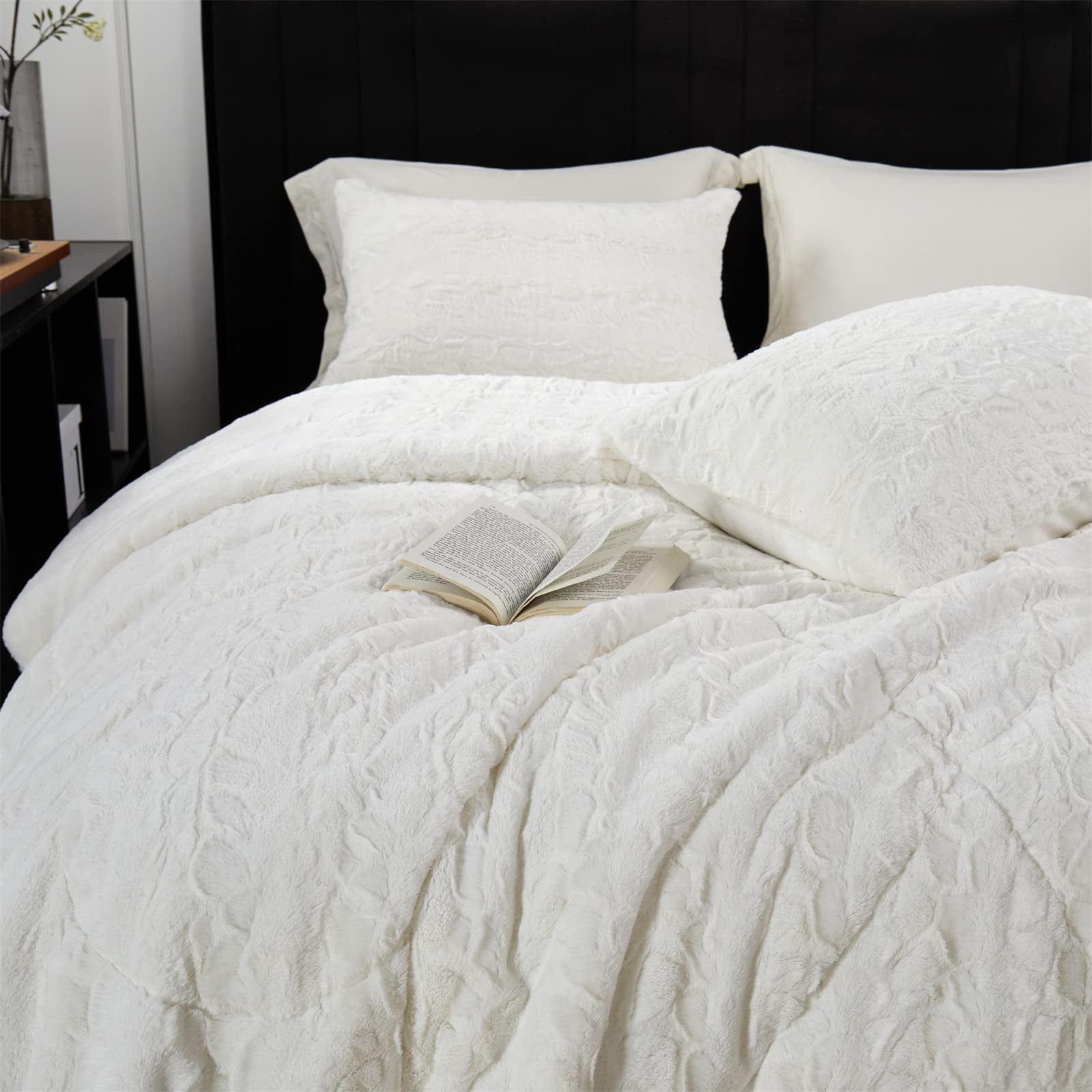 Wajade Faux Fur Comforter Set Queen Size, 3 Pieces Ultra Soft Marbled ...