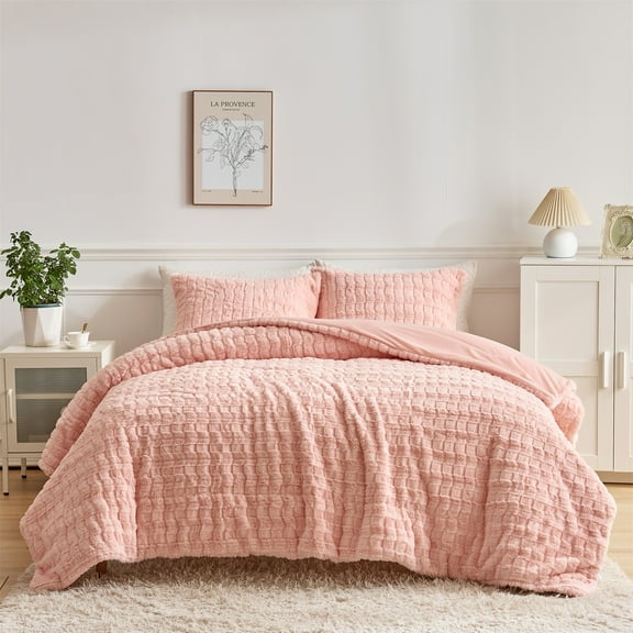 Wajade Faux Fur Duvet Cover Set 3 Piece Super Soft Fluffy Fuzzy Comforter Cover with 2 Pillow Shams Faux Rabbit Fur Bedding Set, Blush Pink, Full Size