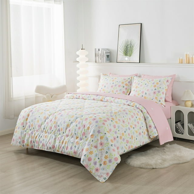 Wajade Full Size 7 Piece Floral Comforter Set, Pink Botanical Flower