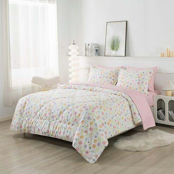 Wajade Floral Comforter Set Bed in A Bag Full Size 7 Piece Pink Botanical Flower and Green Tree Leaves Rabbits Bedding Set for Teens Girls