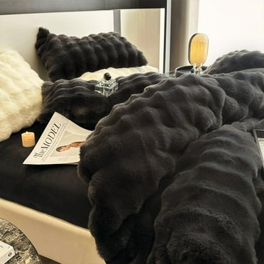 Wajade Fluffy Comforter Cover Set Rabbit Bubble Faux Fur Duvet Cover Luxury Cozy Bedding Set 3 Pieces with Zipper -1 Duvet Cover and 2 Pillow Cases,Black King Size Set
