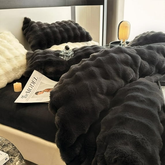 Wajade Fluffy Comforter Cover Set Rabbit Bubble Faux Fur Duvet Cover Luxury Cozy Bedding Set 3 Pieces with Zipper -1 Duvet Cover and 2 Pillow Cases,Black King Size Set