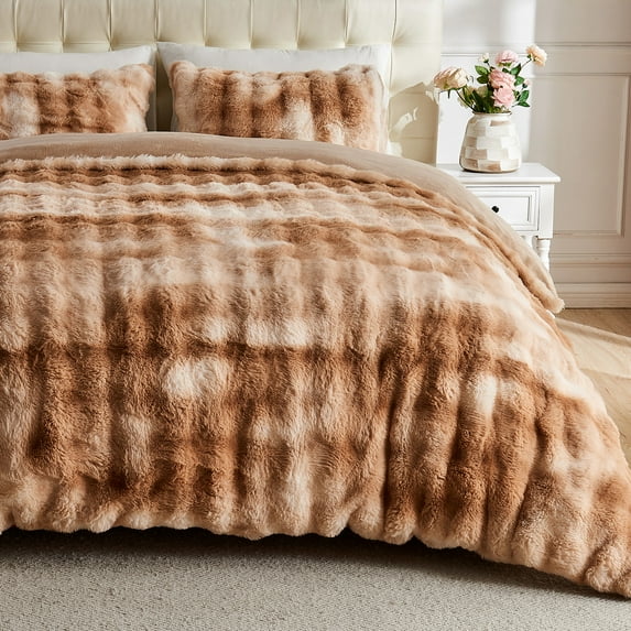 Wajade Fluffy Comforter Cover Set Rabbit Bubble Faux Fur Duvet Cover Luxury Cozy Bedding Set 3 Pieces with Zipper -1 Duvet Cover and 2 Pillow Cases,Coffee Tie Dye King Size Set