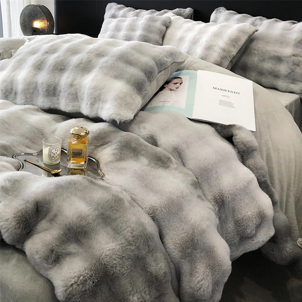 Wajade Fluffy Comforter Cover Set Rabbit Bubble Faux Fur Duvet Cover Luxury Cozy Bedding Set 3 Pieces with Zipper 1 Duvet Cover and 2 Pillow Cases Gray Tie Dye Queen Size Set Walmart