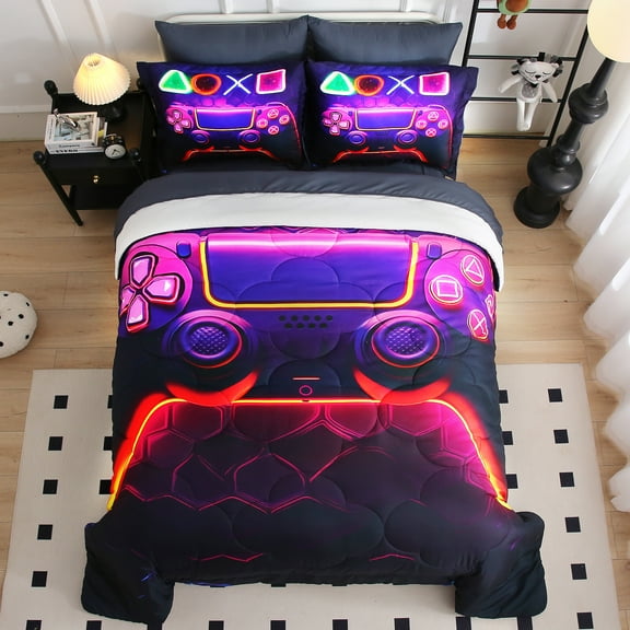 Wajade Gamer Comforter 7 piece Bed in a Bag for Boys Purple Gaming Comforter Set, Full Size