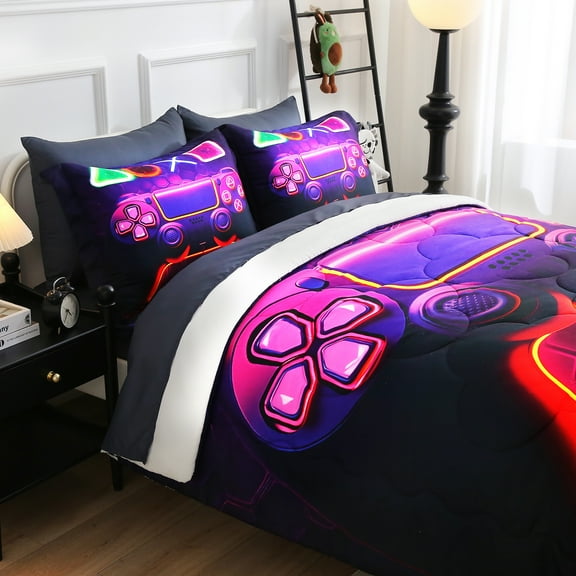 Wajade Gamer Comforter 7 piece Bed in a Bag for Boys Purple Gaming Comforter Set, Twin Size