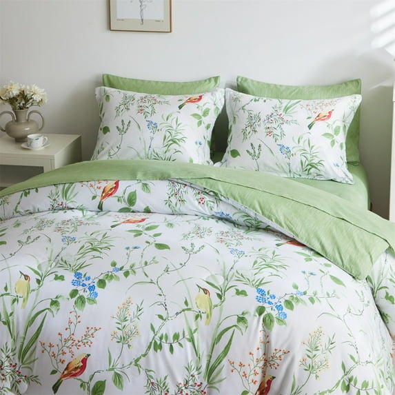Wajade Green Leaves Floral 7 Piece Comforter Set Bed in a Bag Colorful Flowers Birds Branch Pattern Bedding Set (Flowers Birds, King Size)