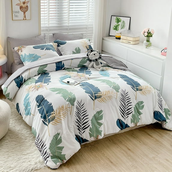 Wajade Green Palm Leaves Comforter Set 7 Piece Floral Botanical Bed in a Bag Grid Pattern Bedding Set (1 Comforter, 2 Pillow Shams, 1 Flat Sheet, 1 Fitted Sheet, 2 Pillowcases, King Size)