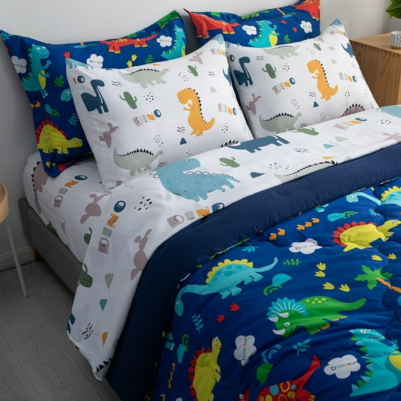 Wajade Kid Boys Comforter Set 7 Piece Bed in a Bag Bedding Set -3D Blue Dinosaur Wild Park Jungle Print Bedding Set with Comforter, Sheet Set, Pillowcase and Sham, Twin Size