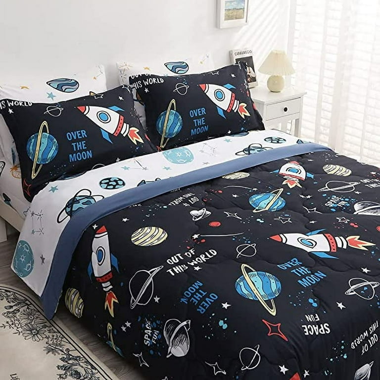 Wajade Full Size Children's 7-Piece Space Rocket Planets Bedding