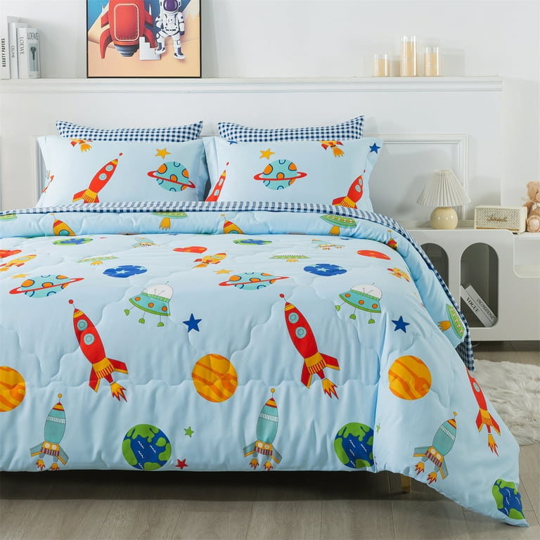 Wajade Kids Space Rocket Comforter Set Bed in A Bag Full Size Reversible 7 Piece Rockets Colorful Planet Stars Bedding Set for Teens Boys