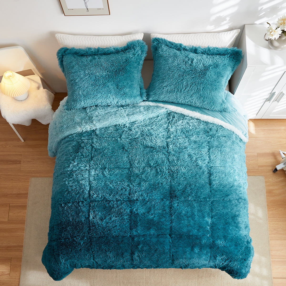 Wajade Ombre Shaggy Comforter Set Fluffy Fuzzy Faux Fur Bedding Set (1