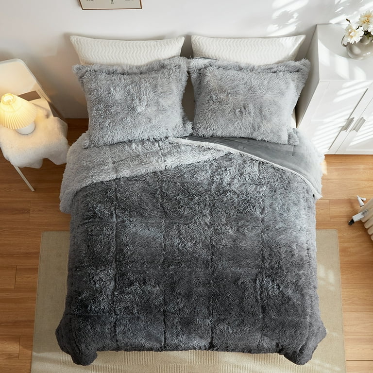 Wajade Queen Size Ombre Shaggy Comforter Set with Faux Fur and 2 Pillow Shams Gray Ombre Walmart