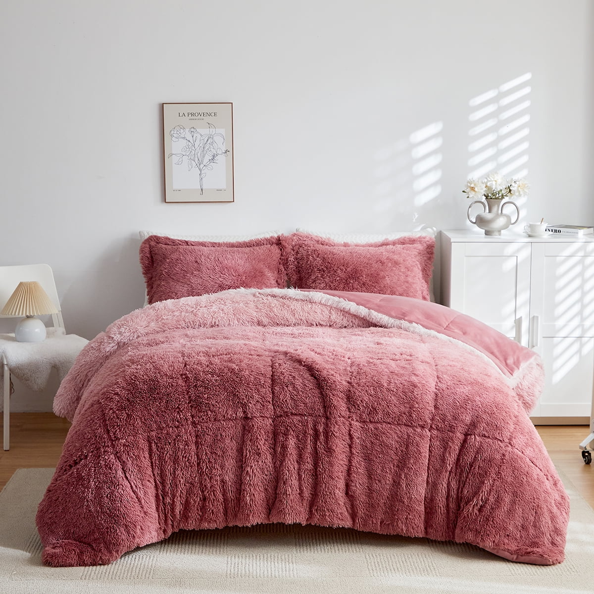 Wajade Ombre Shaggy Duvet Cover Comforter Cover Set Fluffy Fuzzy Faux Fur Bedding Set ,No Fill(1 Duvet Cover + 2 Pillow Shams, Blush Pink Ombre, Full Size)