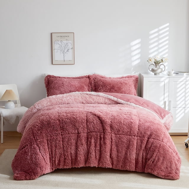 Wajade Ombre Shaggy Duvet Cover Comforter Cover Set Fluffy Fuzzy Faux Fur Bedding Set ,No Fill(1 Duvet Cover + 2 Pillow Shams, Blush Pink Ombre, Full Size)