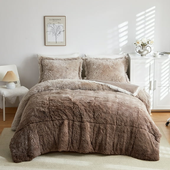 Wajade Ombre Shaggy Duvet Cover Comforter Cover Set Fluffy Fuzzy Faux Fur Bedding Set ,No Fill(1 Duvet Cover + 2 Pillow Shams, Coffee Ombre, Full Size)