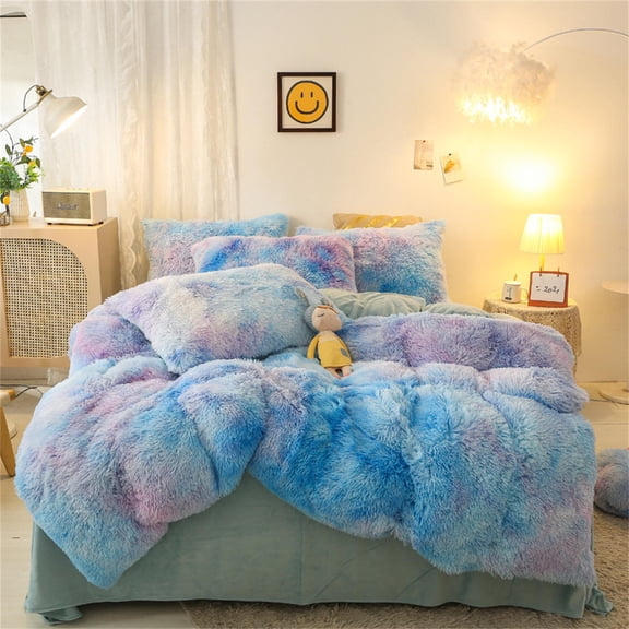 Wajade Plush Duvet Cover Set 3 Piece - Faux Fur Bedding Set,Full Size, Ombre