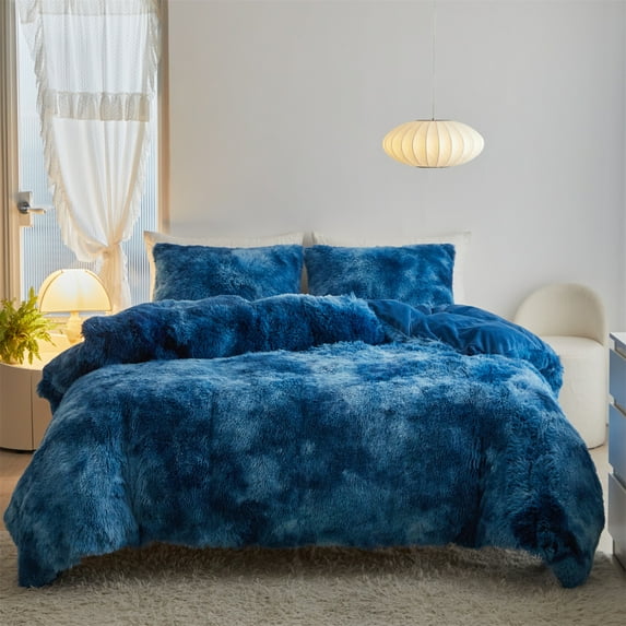 Wajade Plush Duvet Cover Set 3 Piece - Luxury Ultra Soft Fluffy Fuzzy Comforter Cover with 2 Pillow Shams Faux Fur Bedding Set, Blue White Tie Dye,King Size