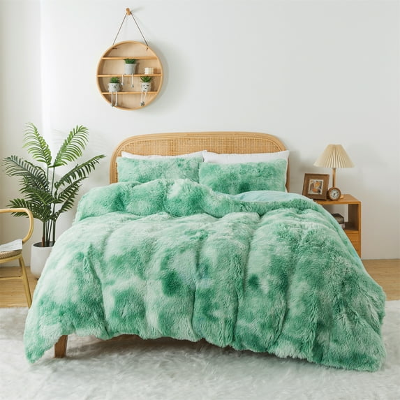 Wajade Plush Duvet Cover Set 3 Piece - Luxury Ultra Soft Fluffy Fuzzy Comforter Cover with 2 Pillow Shams Faux Fur Bedding Set,King Size,Green White Tie Dye
