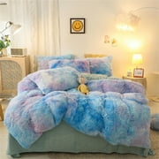 Wajade Plush Duvet Cover Set 3 Piece - Luxury Ultra Soft Fluffy Fuzzy Comforter Cover with 2 Pillow Shams Faux Fur Bedding Set,Queen Size,Galaxy Blue