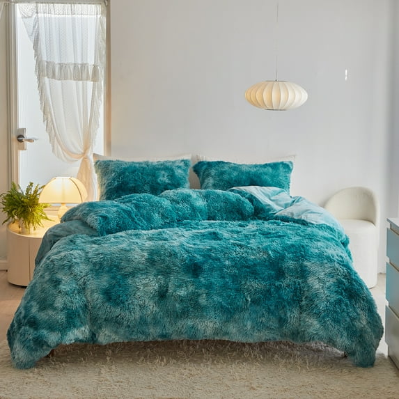 Wajade Plush Duvet Cover Set Fluffy Fuzzy Comforter Cover Set (1 Duvet Cover + 2 Pillow Shams) (Queen Size,Deep Green Ombre)