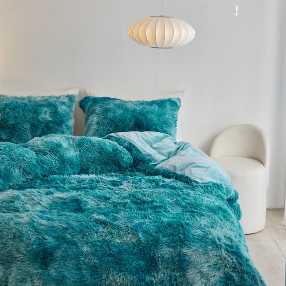 Wajade Plush Shaggy Comforter Set Fluffy Fuzzy Faux Fur Bedding Set - 3PC Microfiber Soft Warm Quilt Set(Deep Green Tie Dye,Queen Size)