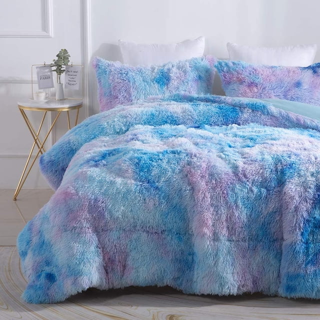 Wajade Plush Shaggy Comforter Set Fluffy Fuzzy Faux Fur Bedding Set - 3PC Microfiber Soft Warm Quilt Set(Galaxy Blue,Queen Size)