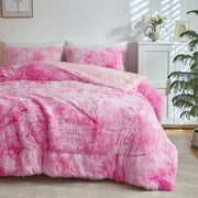Wajade Plush Shaggy Comforter Set Fluffy Fuzzy Faux Fur Bedding Set - 3PC Microfiber Soft Warm Quilt Set(Pink White Tie Dye,Queen Size)