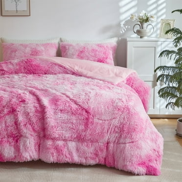 Wajade Plush Shaggy Comforter Set Fluffy Fuzzy Faux Fur Bedding Set - 3PC Microfiber Soft Warm Quilt Set(Pink White Tie Dye,Queen Size)