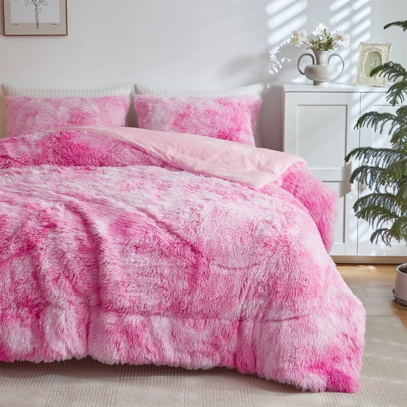 Wajade Plush Shaggy Comforter Set Fluffy Fuzzy Faux Fur Bedding Set - 3PC Microfiber Soft Warm Quilt Set(Pink White Tie Dye,Queen Size)