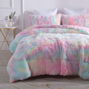 Wajade Plush Shaggy Comforter Set Fluffy Fuzzy Faux Fur Bedding Set - 3PC Microfiber Soft Warm Quilt Set(Rainbow Pink,Queen Size)