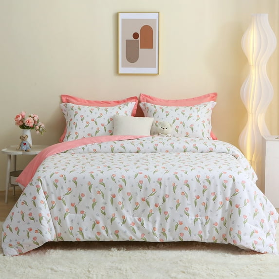 Wajade Tulips Floral 5 Pieces Twin Size Comforter Set Bed in a Bag Pink Comforter for Girls Kids Teen Tulips Floral Bedding Sets-1 Comforter, 4 Pillow Shams