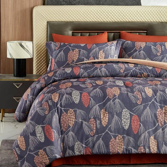 Wajade Vintage Floral Boho Comforter Set Queen Size, 7PCS Bed in A Bag Retro Soft Pinecone Print Bedding Collection with Comforter, Sheet, Pillowcase and Sham