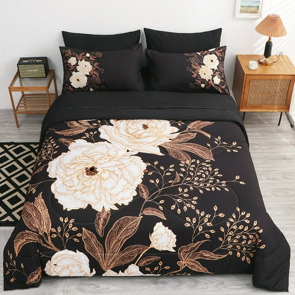 Wajade White Peony Floral Comforter Set 7 Piece Bed in a Bag Black Comforter Sets (1 Comforter, 2 Pillow Shams, 1 Flat Sheet, 1 Fitted Sheet, 2 Pillowcases, King Size)