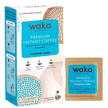 Waka Colombian Medium Roast, 100% Arabica Freeze Dried Premium Instant Coffee, Single-Serve 8 Ct Box
