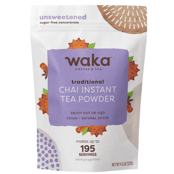 Waka Chai Tea Powder, Traditional - Chai Tea Concentrate, Sugar Free, Pure Leaves from India, Natural Spices, Unsweetened Powder for 195 Servings (4.5oz)