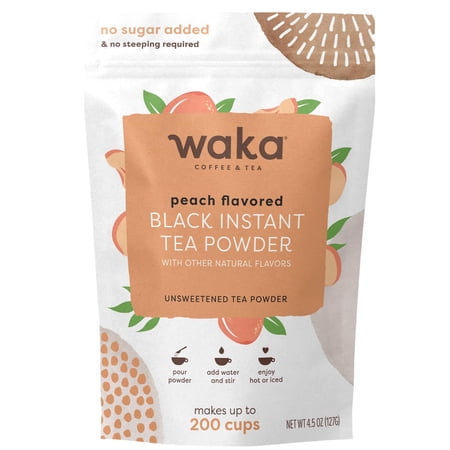 Waka Instant Black Tea Mix, Peach Flavored - 100% Tea Leaves, No Additives, Unsweetened Tea Powder in Bulk Pouch – Easy Quick Hot and Iced Teas (4.5oz)