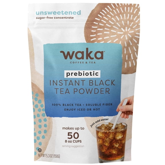 Waka Instant Black Tea Powder, Unsweetened Black Tea with Plant-Based Prebiotic Fiber, Makes 50 Cups, Dissolves Instantly for Iced Tea or Hot Tea, 5.3 oz Pouch