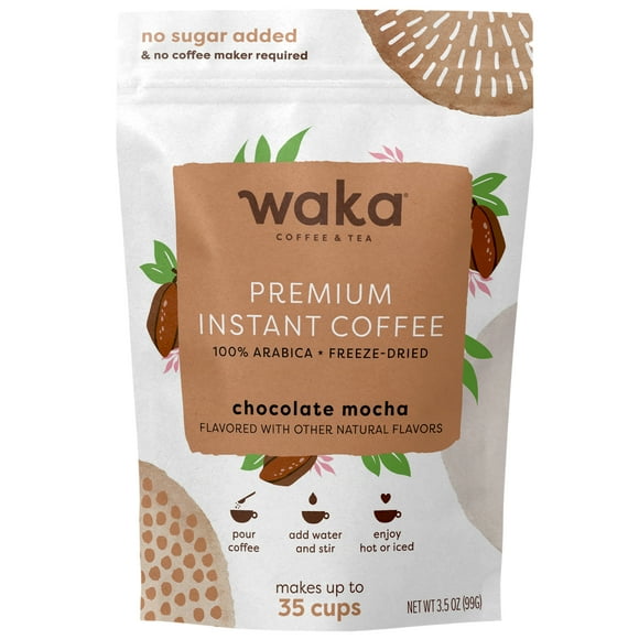 Waka Instant Coffee, Dark Chocolate Flavored - 100% Arabica Beans, Freeze Dried Granules, No Additives - Scoopable Powder for Quick Hot and Iced Coffees (3.5oz)