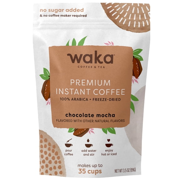 Waka Instant Coffee, Dark Chocolate Flavored - 100% Arabica Beans, Freeze Dried Granules, No Additives - Scoopable Powder for Quick Hot and Iced Coffees (3.5oz)