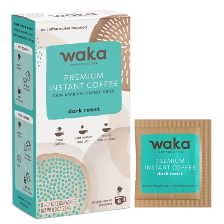Waka Instant Coffee, Dark Roast - 100% Arabica Beans, Freeze Dried Granules, No Additives - 8 Travel Size, Single-Serve Packets for Quick Hot and Iced Coffees