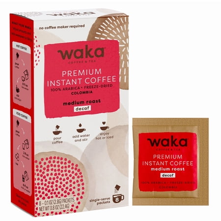 Waka Instant Coffee, Decaffeinated Medium Roast - 100% Arabica Colombian Beans, Freeze Dried Granules, No Additives - 8 Travel Size, Single-Serve Packets for Quick Hot and Iced Coffees