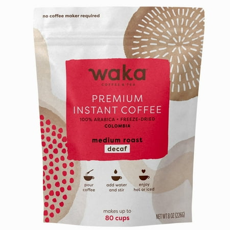 Waka Instant Coffee, Decaffeinated Medium Roast - 100% Arabica Colombian Beans, Freeze Dried Granules, No Sugar or Additives - Scoopable Powder for Quick Hot and Iced Coffees (8oz)
