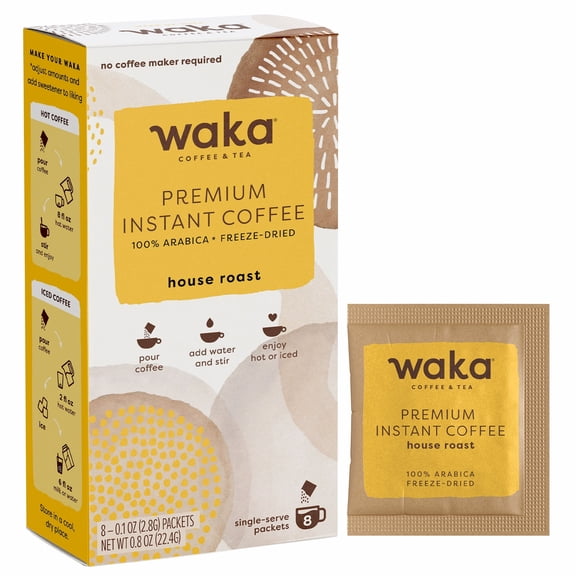 Waka Instant Coffee, House Roast - 100% Arabica Beans, Freeze Dried Granules, No Additives - 8 Travel Size, Single-Serve Packets for Quick Hot and Iced Coffees