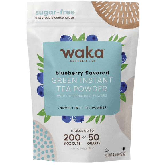 Waka Instant Green Tea Mix, Blueberry Flavored -Real Tea Leaves, No Additives, Unsweetened Tea Powder in Bulk Pouch Easy Quick Hot and Iced Teas, Up to 200 Cups (4.5oz)