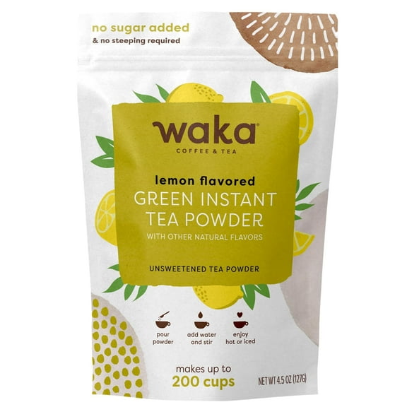 Waka Instant Green Tea Mix, Lemon Flavored - 100% Tea Leaves, No Additives, Unsweetened Tea Powder in Bulk Pouch Easy Quick Hot and Iced Teas (4.5oz)