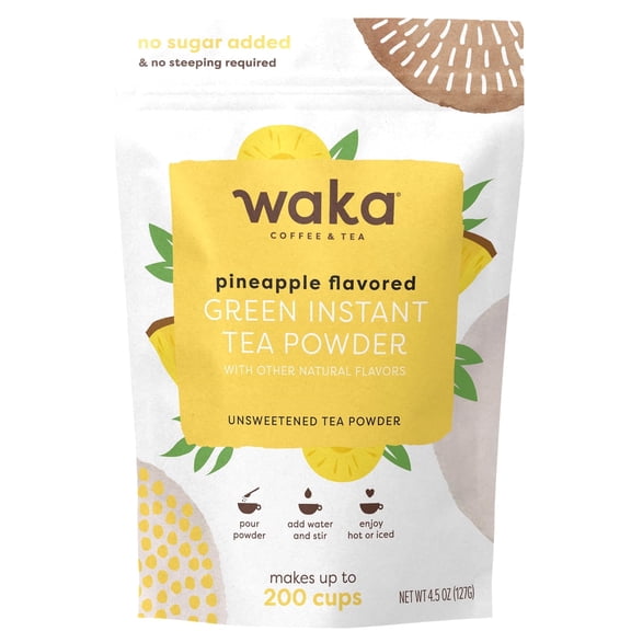Waka Instant Green Tea Mix, Pineapple Flavored - 100% Tea Leaves, No Additives, Unsweetened Tea Powder in Bulk Pouch – Easy Quick Hot and Iced Teas (4.5oz)