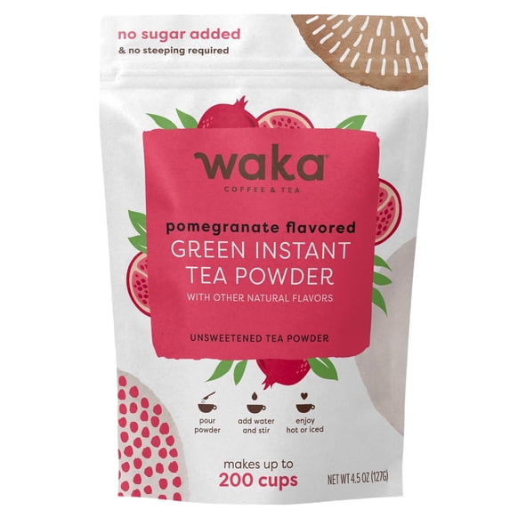 Waka Instant Green Tea Mix, Pomegranate Flavored - 100% Tea Leaves, No Additives, Unsweetened Tea Powder in Bulk Pouch – Easy Quick Hot and Iced Teas (4.5oz)