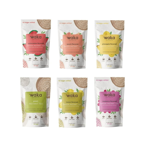 Waka Instant Green Tea Mix, Sample Bundle (6 x .45oz) - 100% Tea Leaves, No Additives, Unsweetened Tea Powders - Assorted Flavored and Classic Green Tea Mixes