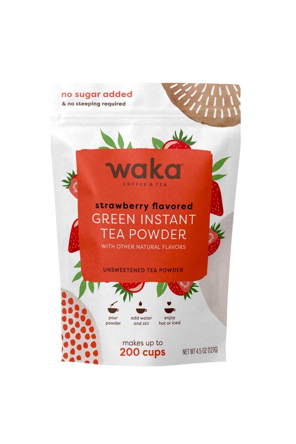 Waka Instant Green Tea Mix, Strawberry Flavored - 100% Tea Leaves, No Additives, Unsweetened Tea Powder in Bulk Pouch Easy Quick Hot and Iced Teas, Up to 200 Cups (4.5oz)